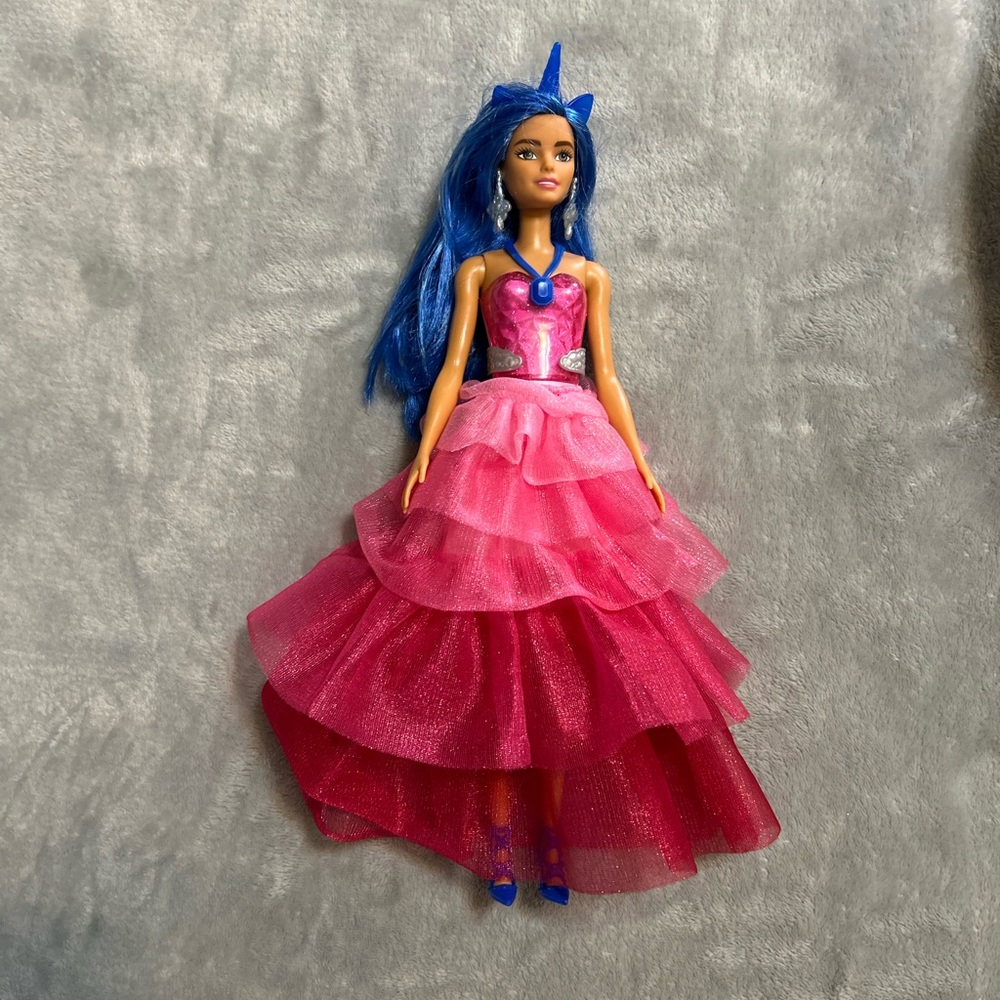 Barbie 65th Anniversary Unicorn Doll with Blue Hair Tail Horn Shoes Pink Gown